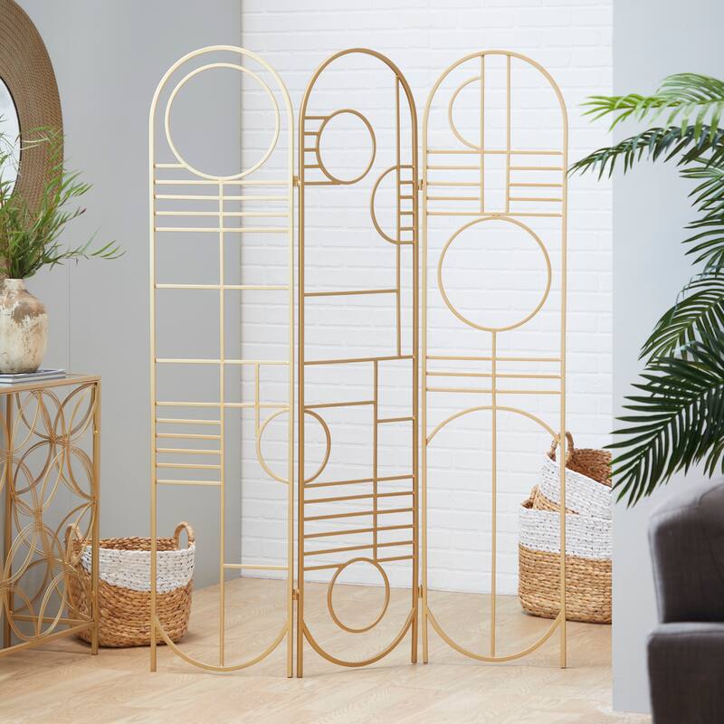 Gold Metal Hinged Foldable Arched Partition 3 Panel Geometric Partition Room Divider Screen - Gold