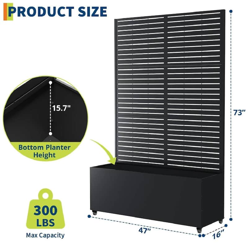 Metal Privacy Screen Planter Box, Raised Garden Bed for Climbing Plants, Veggies, Horizontal Stripes With Wheels