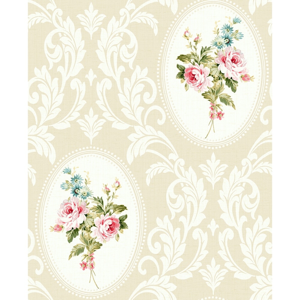 Seabrook Designs Francesca Framed Bouquet Damask Unpasted Wallpaper