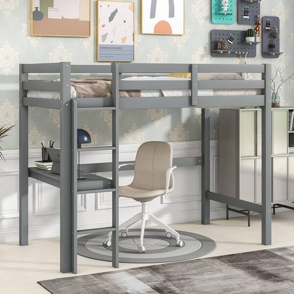 slide 2 of 8, Grey Twin Size Wood Loft Bed with Desk & Safety Guardrails Twin - Grey