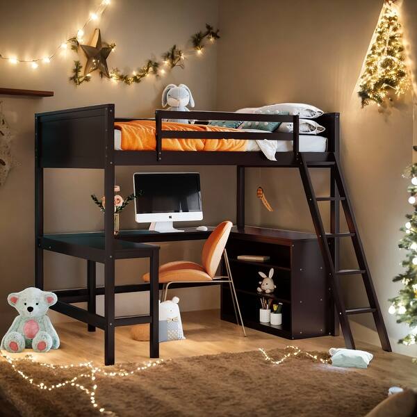 slide 2 of 10, Full size Wooden Loft Bed with Shelves, Ladder and Desk, Espresso Espresso