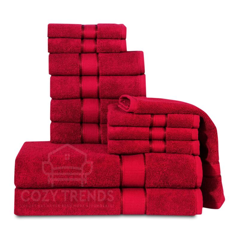 12 Piece Towel Set 600 GSM Long-Staple Combed Cotton Absorbent Bath Towels