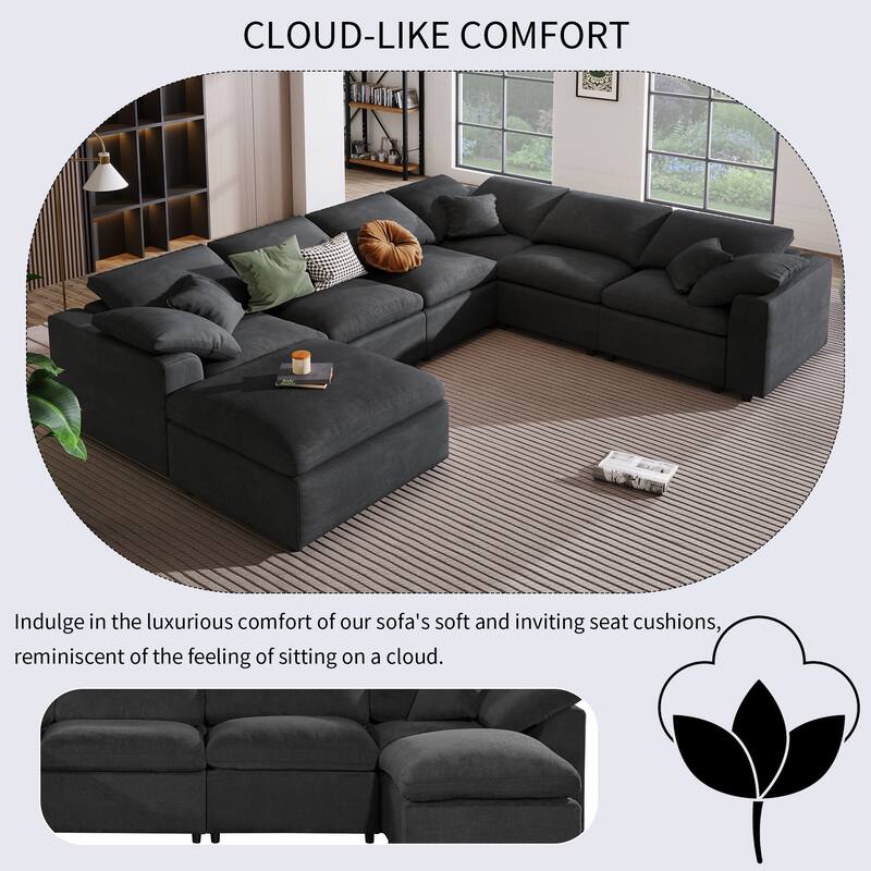Linen Modular Sofa U-Shaped Sectional with Reversible Chaise Couch - On ...