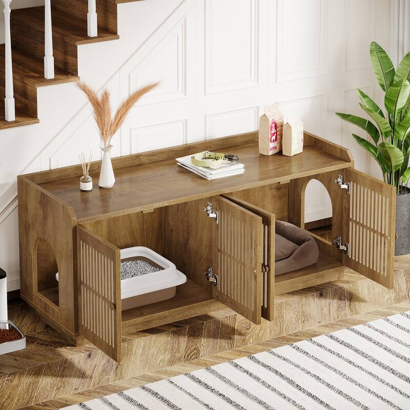 2 Cats Litter Box Enclosure, 55.1-Inch Extra Large Hidden Litter Box Furniture, Wooden XL Cat Washroom Furniture with Storage
