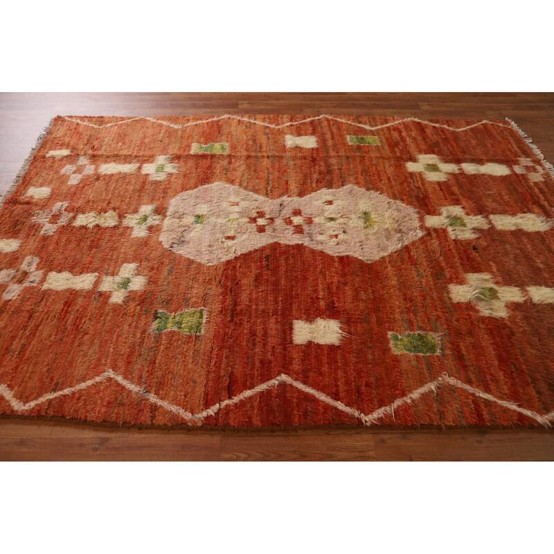 Hand Knotted Oriental 100% Wool Carpet Modern Tribal Oranges & Rust Moroccan Area Rug - 7' 8'' X 5' 6''