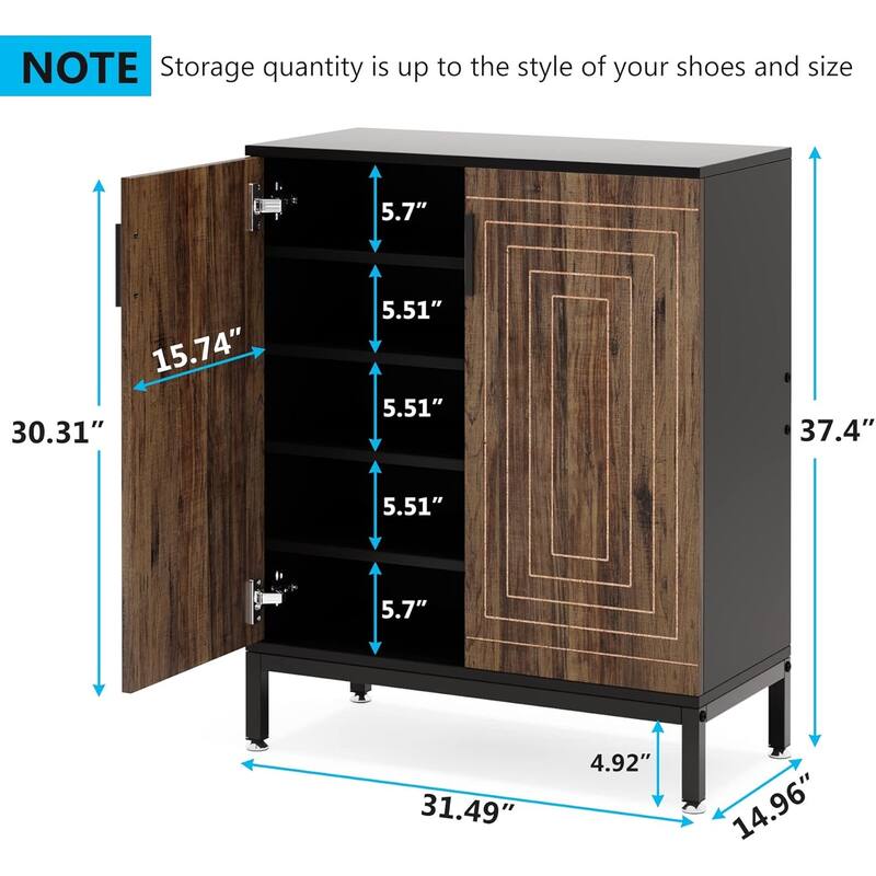 31" Brown & Black Wooden Shoe Cabinet with Doors, 5 Tiers