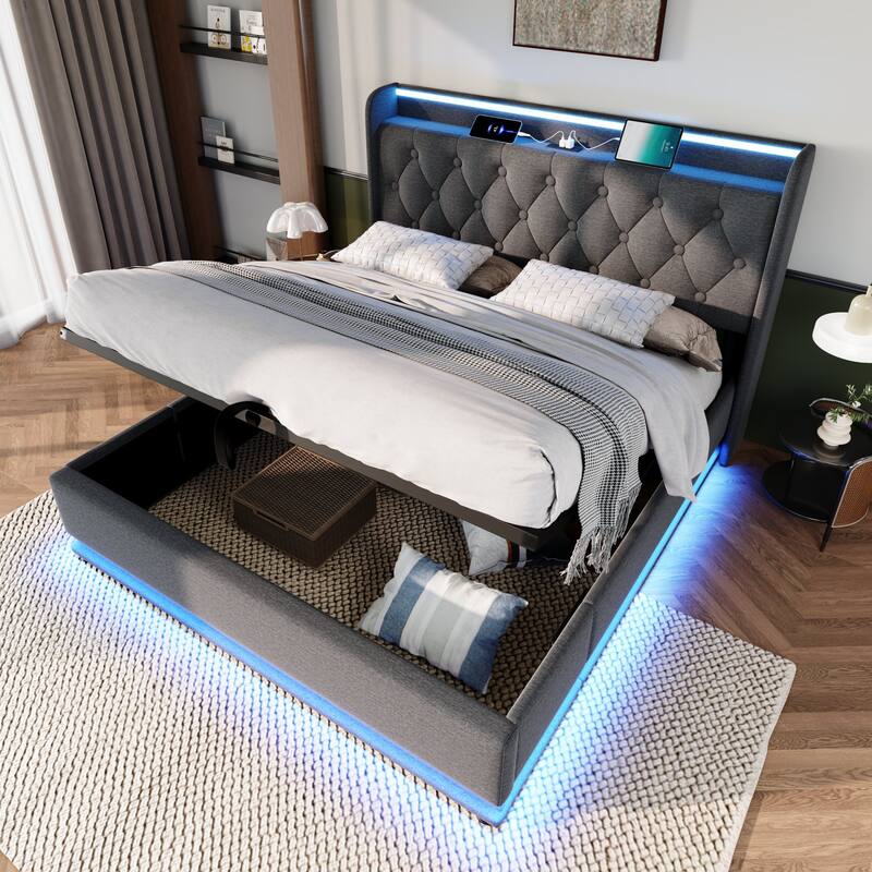 Upholstered Platform Bed with 360 Surround LED Function and USB Type-C Charging