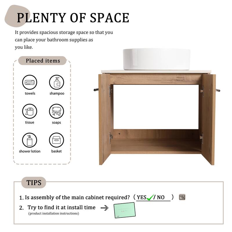 Beingnext 24"/30" Single Bathroom Vanity with Sink, Floating Bathroom Vanity with 2 Soft Close Doors