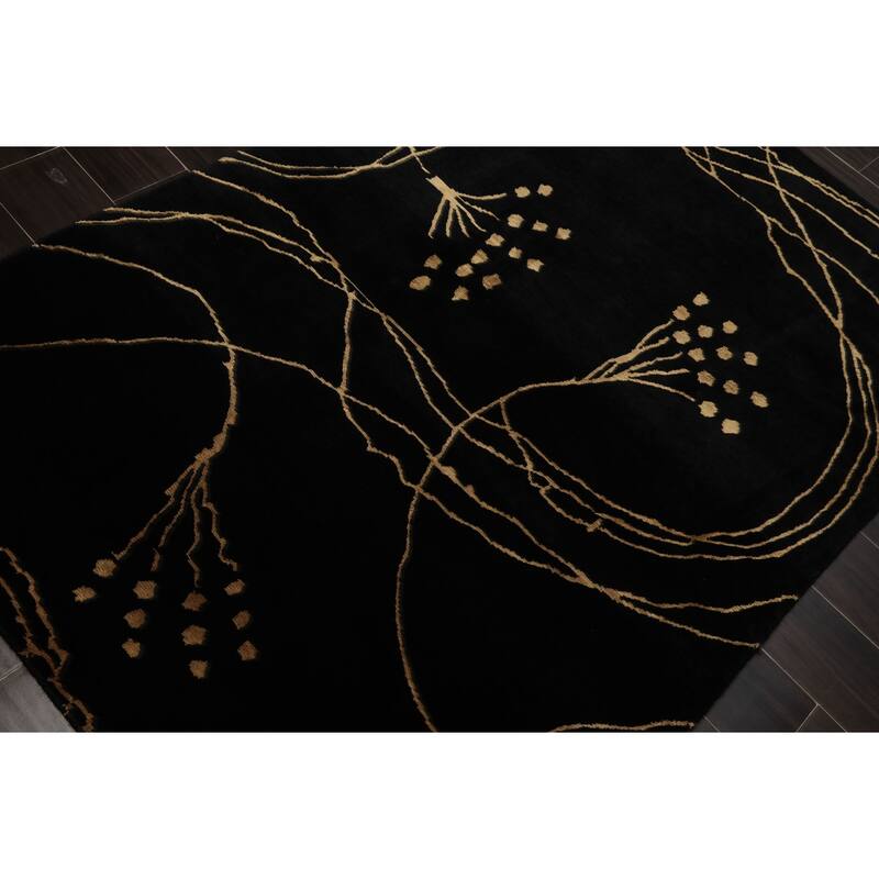 Wool & Silk Black Tibetan 4'x5'9'' Hand Knotted Contemporary Rug - 4' x 5' 9''