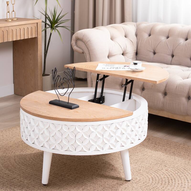 Roomfitters Round Lift-Top Coffee Table with Hidden Storage, 31.5-Inch Accent Table, White Base and Natural Wood Top