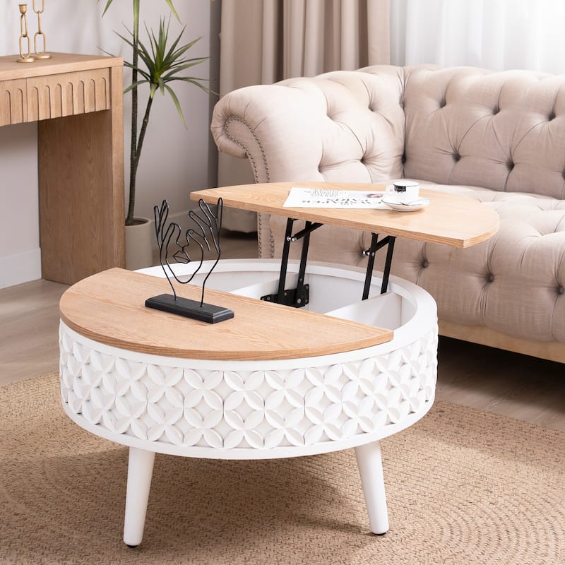 Round Coffee Table with Storage - 31.5" Lift-Top Accent Table, Boho Modern Farmhouse Living Room Furniture
