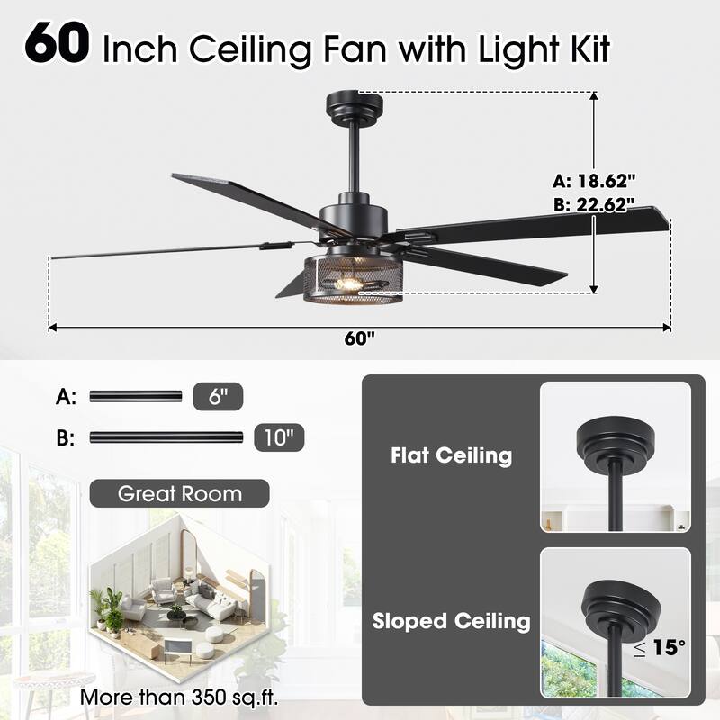 Vaczon 60" Black Reversible Wood 5-Blade Smart Ceiling Fan with Light and APP Control