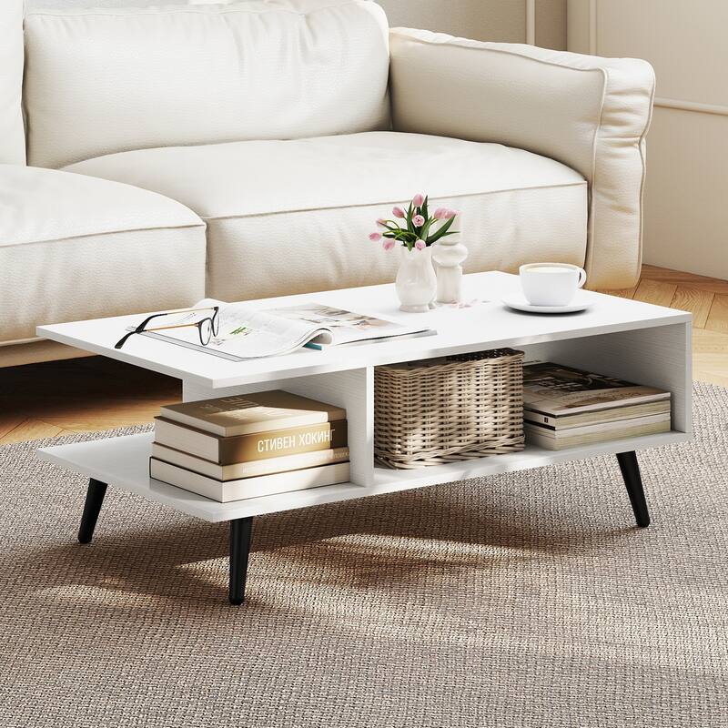 Modern 2-Tier Wood Coffee Table with Open Storage Shelf and 4 Metal Legs for Living Room - 31.5" x 18" x 12" - White
