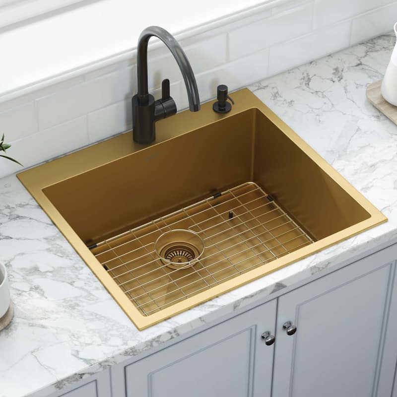 Ruvati 25 inch Polished Brass Matte Gold Workstation Drop-in Topmount Kitchen Sink Single Bowl - 25" x 22" - 25" x 22"