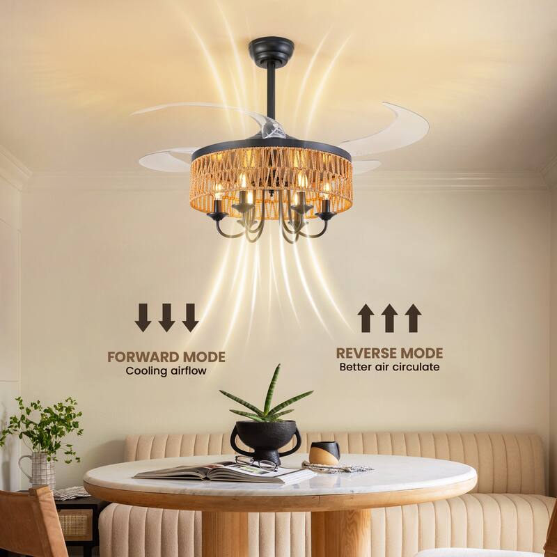 40" Boho Rattan Retractable Drum Ceiling Fan with Light and Remote - 40''-6 Lights