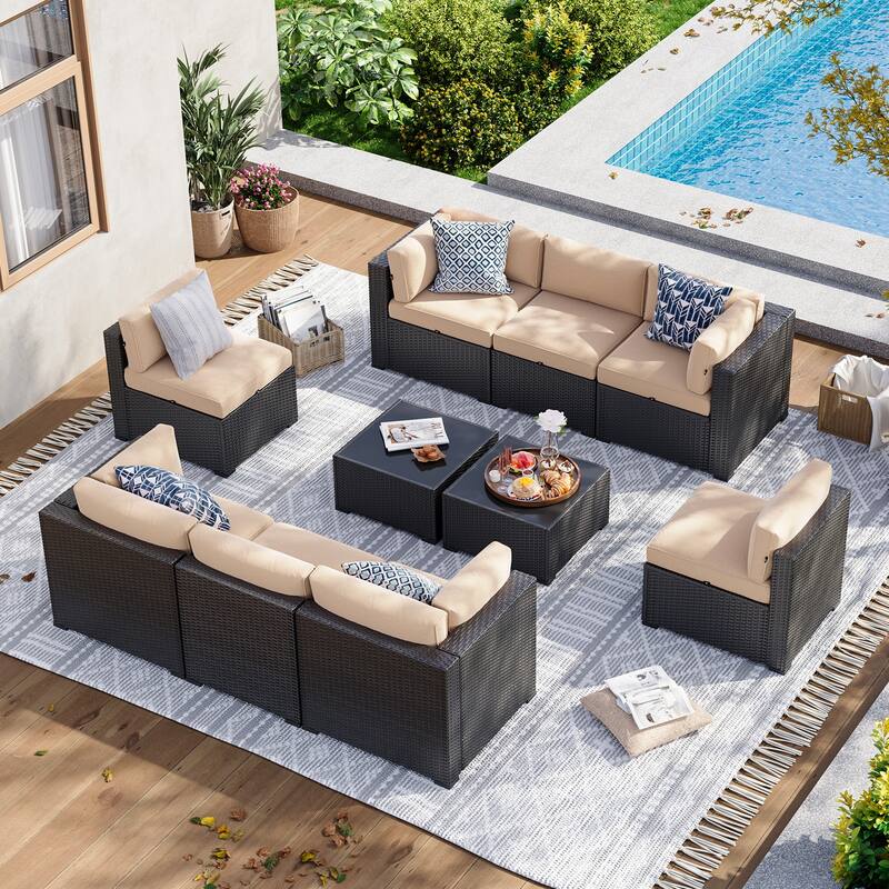 AOXUN Wicker Rattan Outdoor Sectional Sofa Set with Coffee Table - 10 pcs - Black-Khaki