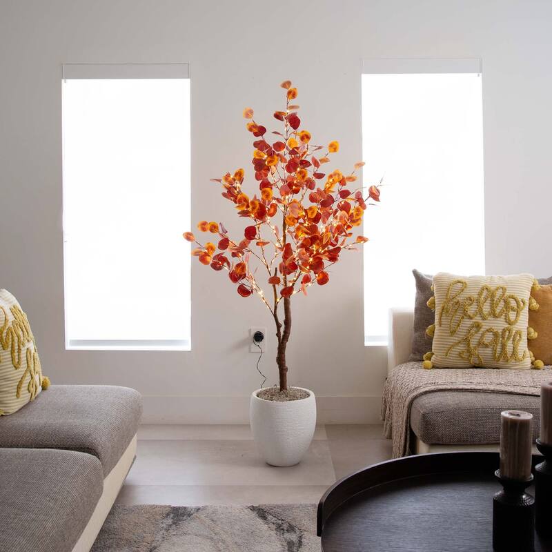 Pre-Lit Potted Eucalyptus Artificial Tree - 5’ - Warm White LED Lights