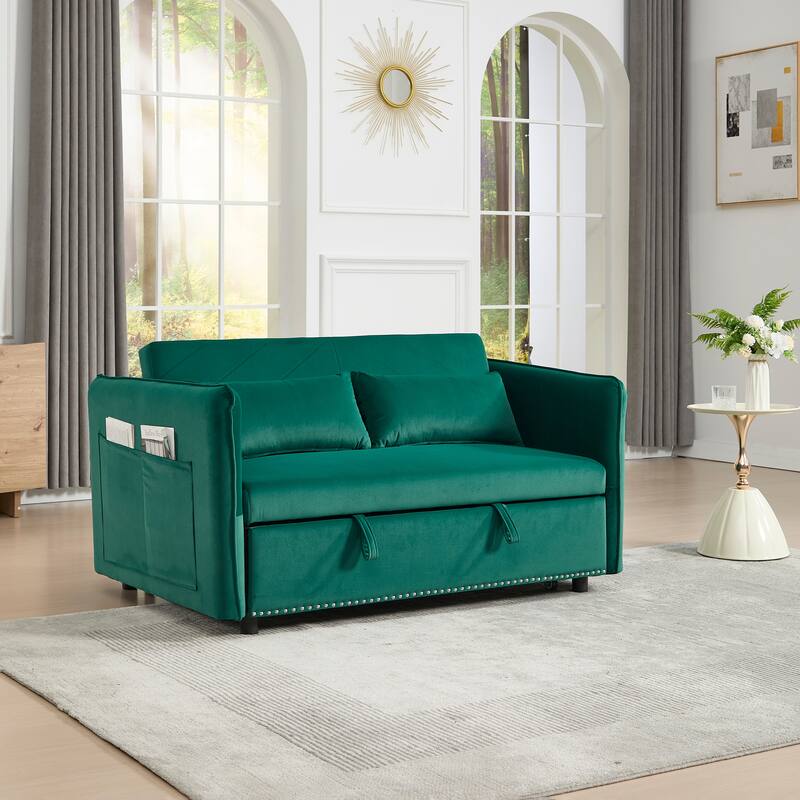 3 in 1 Convertible Green Sleeper Futon Sofa Bed with Adjustable Backrest and Storage - Multi-Color