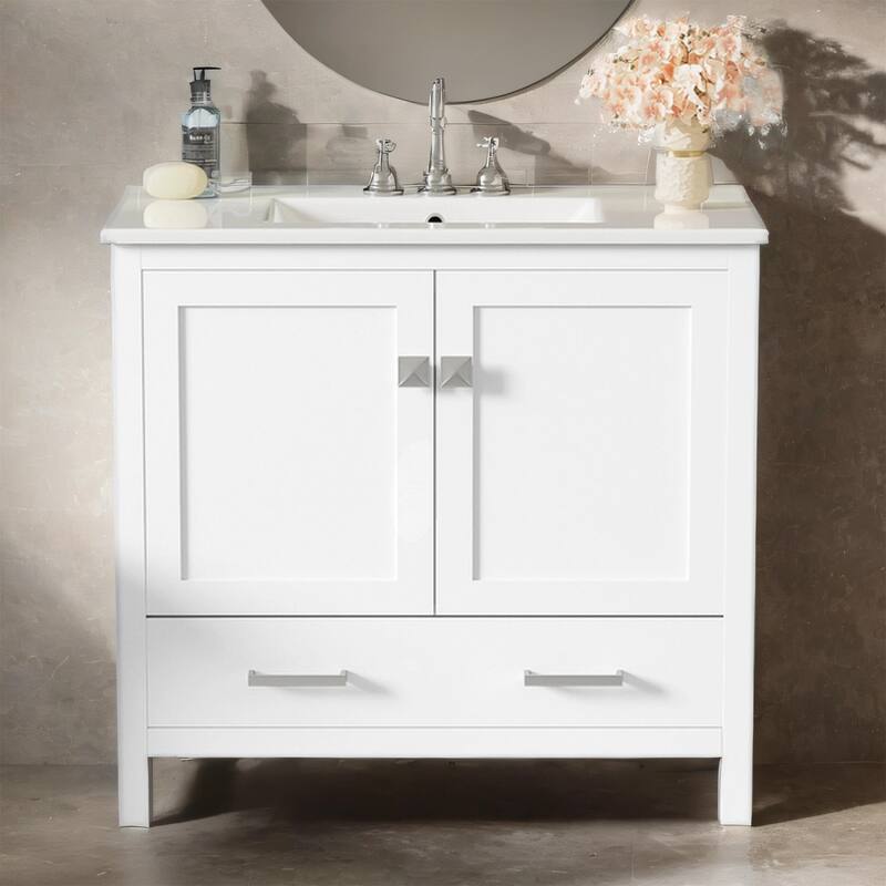 36" Bathroom Vanity w/ Ceramic Sink, Soft-Close Doors, Storage Shelves
