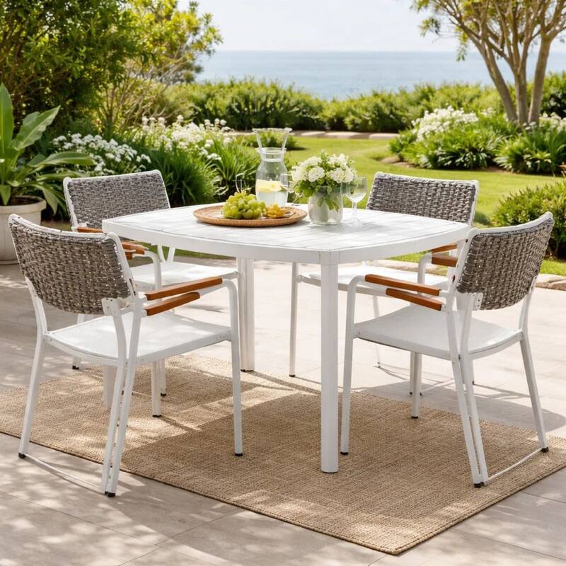 Shia 22 Inch 4 Side Chair and 2 Armchair Set, Crisp White Aluminum Frames