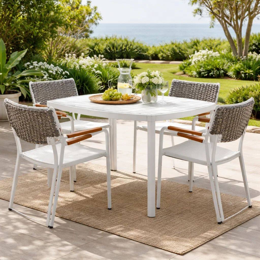 Shia 22 Inch 4 Side Chair and 2 Armchair Set, Crisp White Aluminum Frames