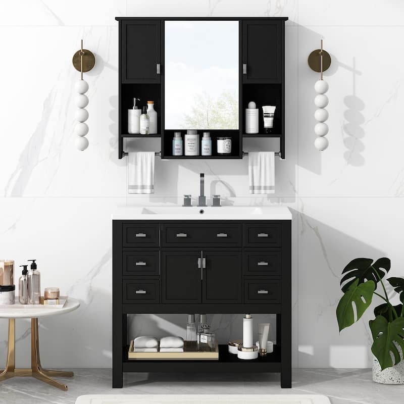 Bathroom Furniture Set of 2 - Vanity Cabinet with 6 Drawers and Open Shelf, Mirror Cabinet with 2 Towels Bars and 3 Open Shelves