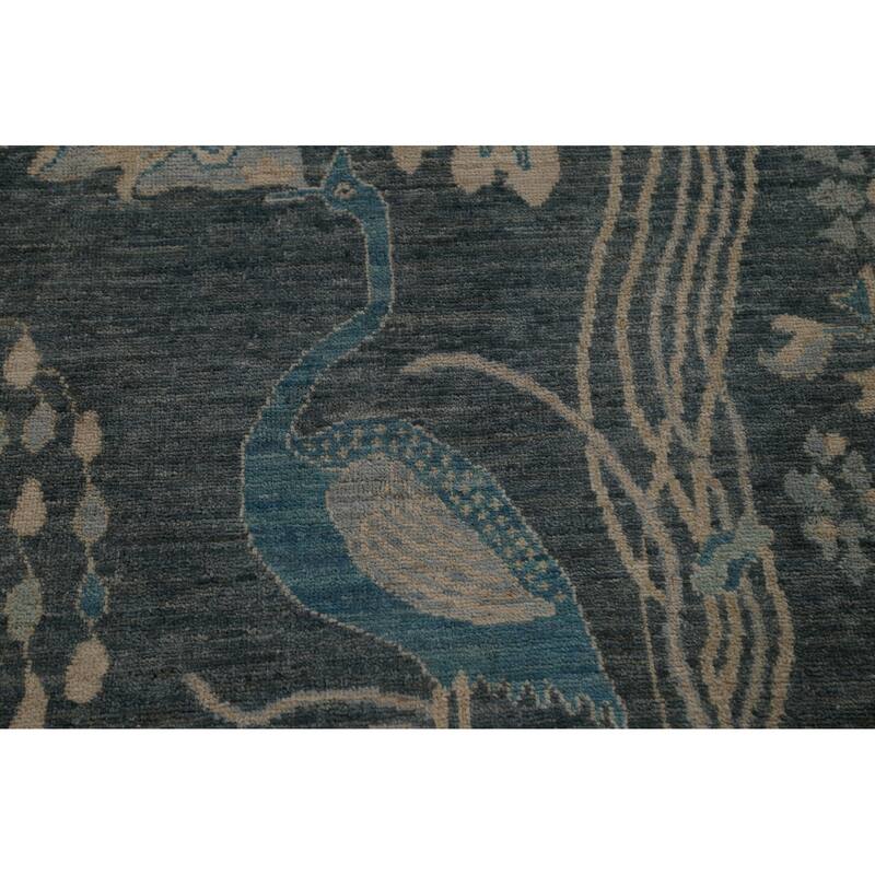 Hand Knotted Oriental 100% Wool Carpet Traditional Floral Greys & Charcoal Art Deco Area Rug - 14' 0'' X 9' 10''