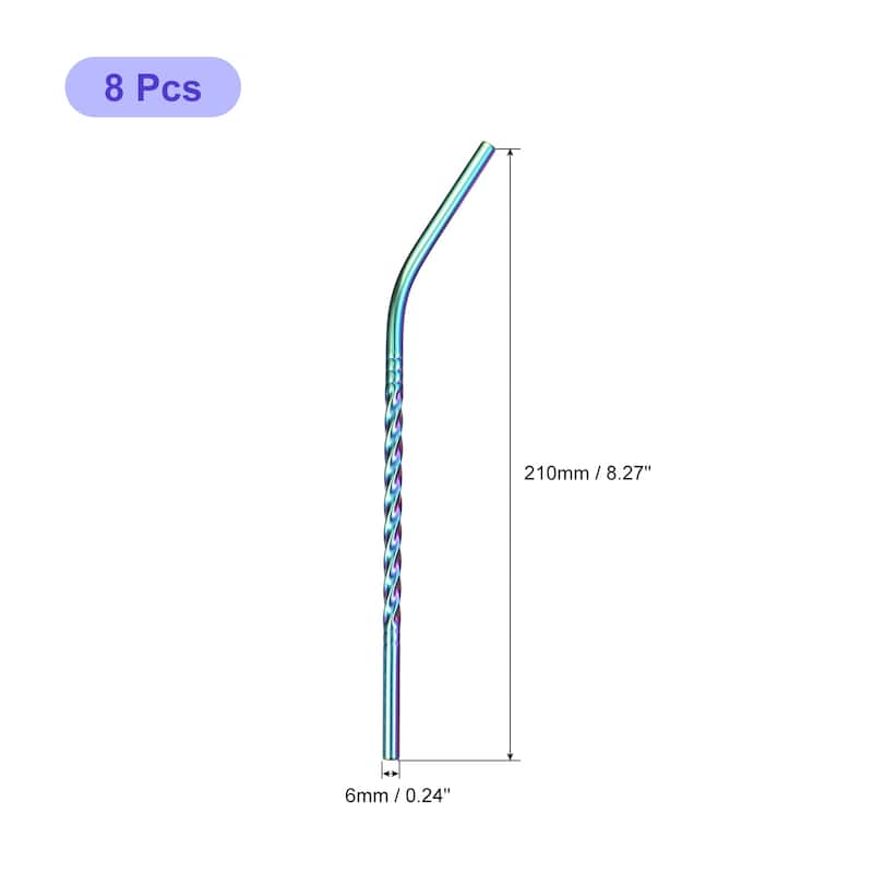 8Pcs 8.27" Long 0.24" Dia Stainless Steel Straws Bent Threaded Straws - Rainbow