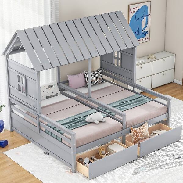 slide 2 of 6, 2 Side by Side Twin Size Platform Beds with Two Drawers Grey