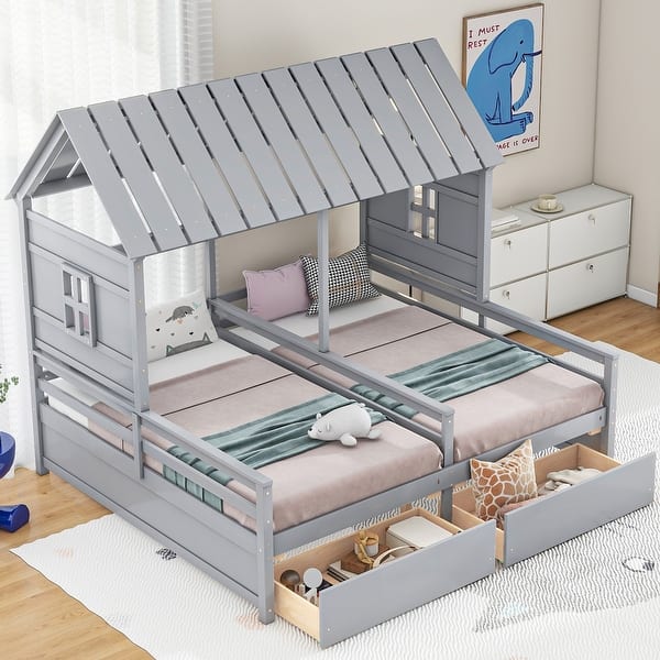 slide 2 of 25, Wood Twin Size House Platform Beds with Two Storage Drawers, Roof Wooden Support Bed Frame, No Box Spring Needed for Boys Gray