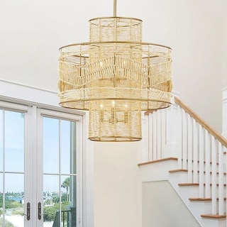 KAWOTI 6-Light Gold Tiered Chandelier Pendant Light with Rattan Shade - 26 '' L x 26'' W x 47.75'' H