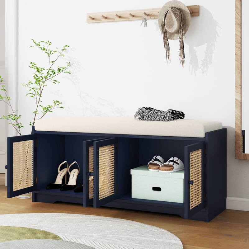Upholstered Storage Bench with Cabinet Rattan Style Wood Cabinet
