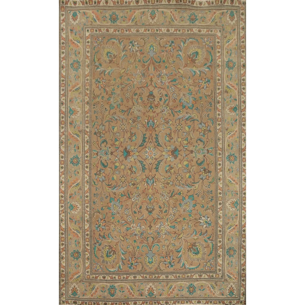 Hand Knotted Oriental 100% Wool Carpet Traditional Floral Brown Tabriz Area Rug - 9' 6'' X 6' 9''