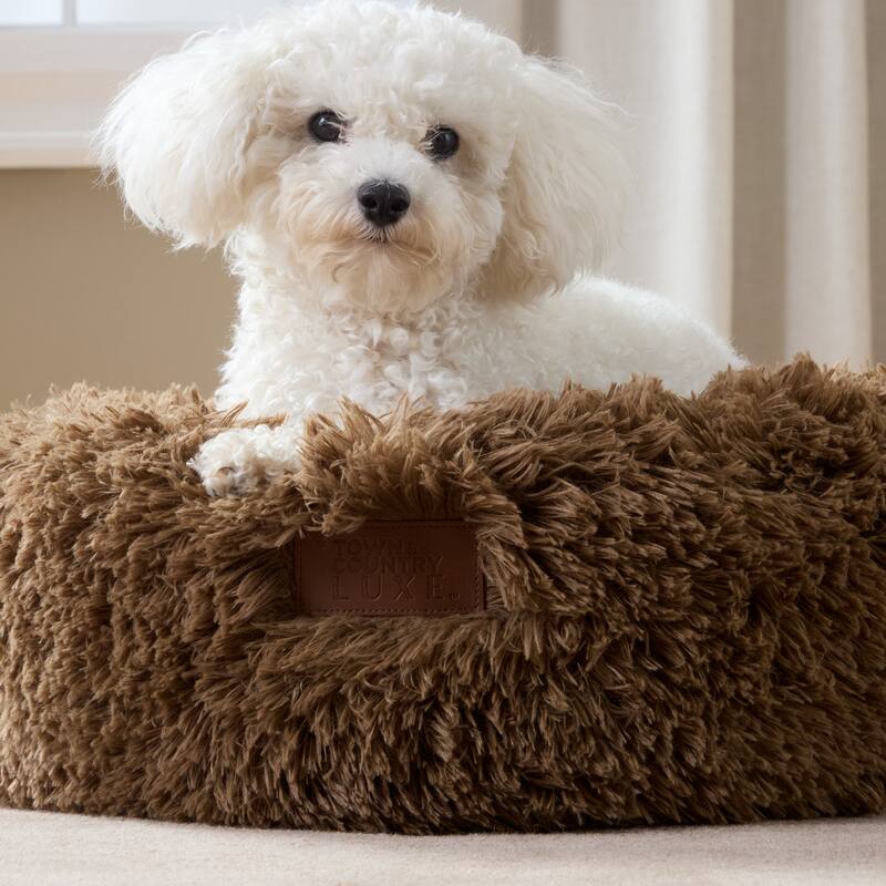 TOWN & COUNTRY LUXE CuddleTown Fuzzy Solid Donut Pet Bed Brown Round Bed