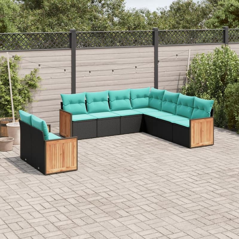 vidaXL 9 Piece Patio Sofa Set with Cushions Black Poly Rattan - 21.7x27.2x24.4-Without table