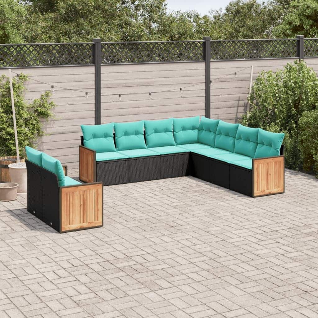 vidaXL 9 Piece Patio Sofa Set with Cushions Black Poly Rattan