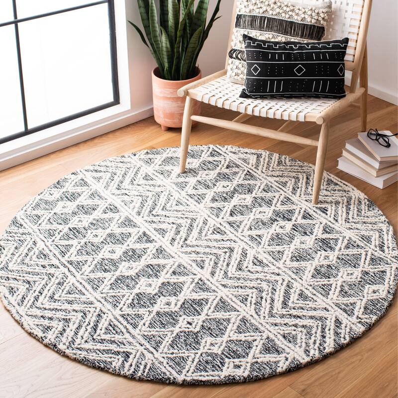 SAFAVIEH Handmade Micro-Loop Najada Transitional Wool Rug - 5' Round - Ivory/Black