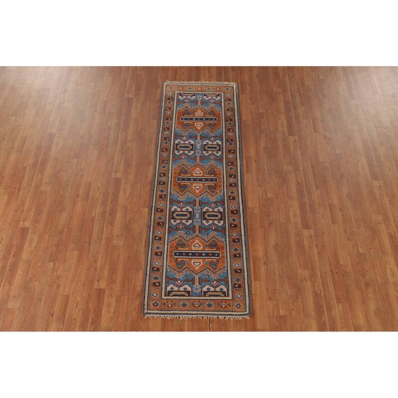 Geometric Kazak Runner Rug Hand-Knotted Wool Carpet - 2'6" x 7'10"