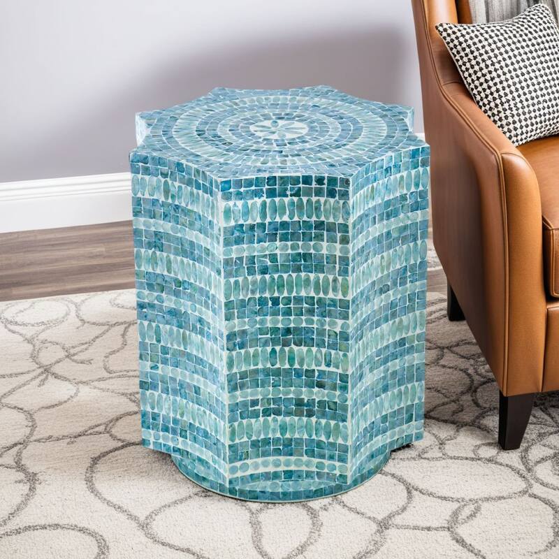 20 Inch Stool Table, Capiz Shell Inlay, Floral Geometric Design, Turquoise