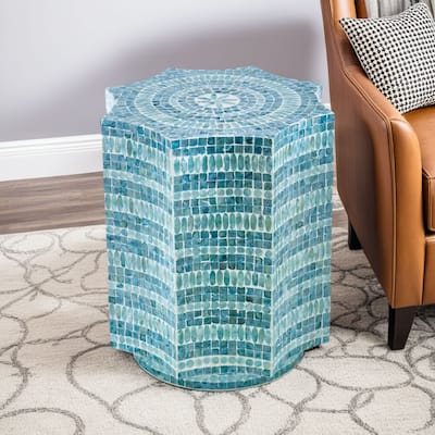 20 Inch Stool Table, Capiz Shell Inlay, Floral Geometric Design, Turquoise