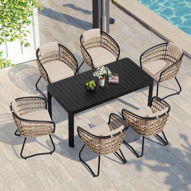 7-Piece Outdoor Patio Dining Set Expandable Rectangular Aluminum Dining Table with PE Rattan Dining Chairs - Beige