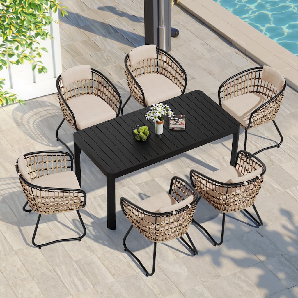 7-Piece Outdoor Patio Dining Set Expandable Rectangular Aluminum Dining Table with PE Rattan Dining Chairs