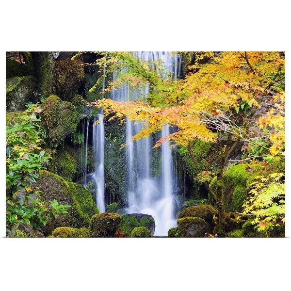 "A Waterfall In A Japanese Garden In Autumn" Poster Print