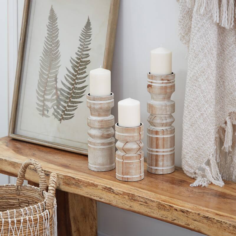 Brown Wood Pillar Decorative Candle Holder with White Wash Finish (Set of 3) - 4 x 4 x 14