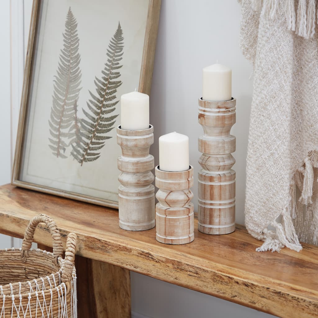 Brown Wood Pillar Decorative Candle Holder with White Wash Finish (Set of 3) - 4 x 4 x 14