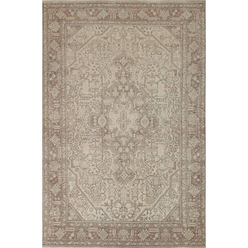 Distressed Beige Tabriz Persian Vintage Area Rug Handmade Wool Carpet - 6'7" x 9'6"