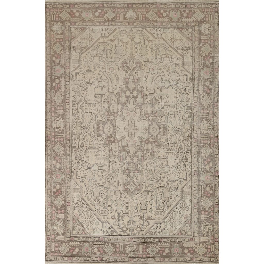Distressed Beige Tabriz Persian Vintage Area Rug Handmade Wool Carpet - 6'7" x 9'6"