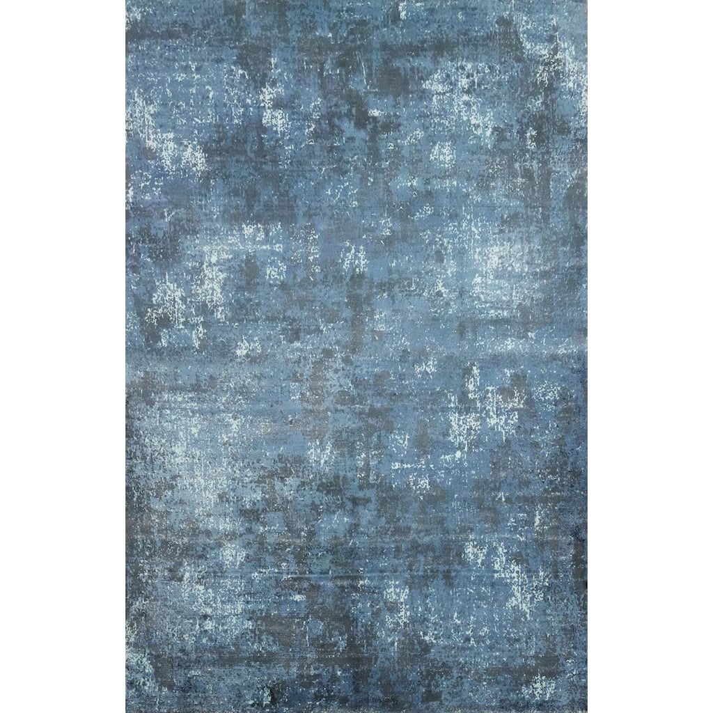 Hand Knotted Oriental Viscose Silk Carpet Modern Abstract Navy Blue & Blues Abstract Area Rug - 7' 9'' X 5' 6''