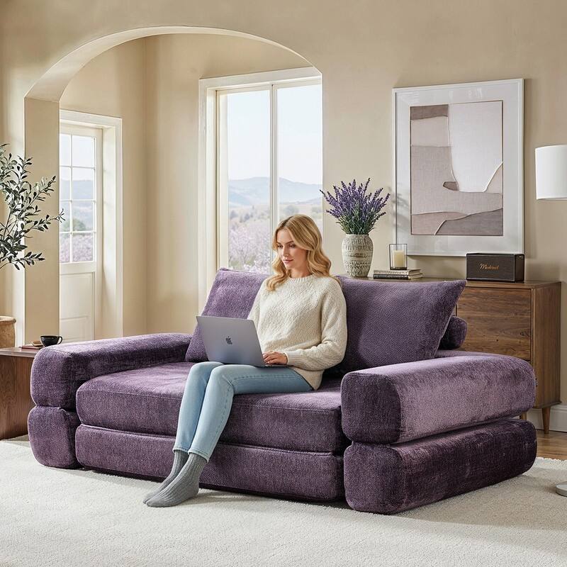 Modern Chenille Convertible Sofa Bed Queen Size Split Back Design