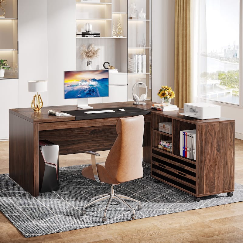62.2" Executive Desk with Mobile File Cabinet, L-Shaped Office Computer Desk Business Workstation Set